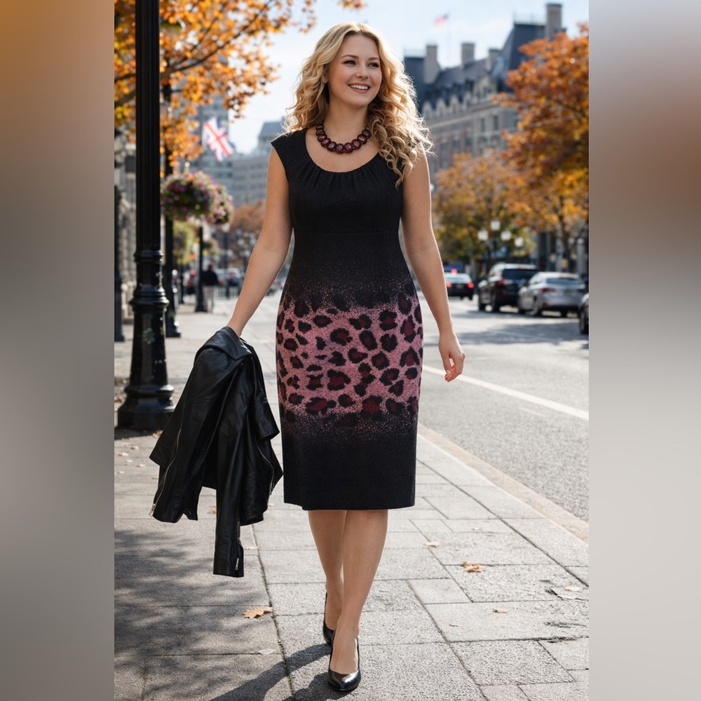 Wool Etcetera Black & Pink Leopard-Print Sheath Dress size 8.